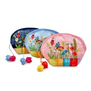 Korean Traditional Embroidered Floral Coin Purse Set of 3 NWOT